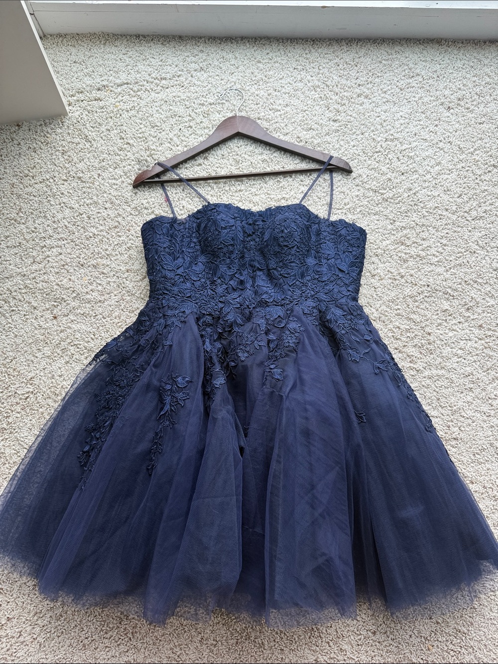 JVN by Jovani Navy Blue Floral Appliqué Tulle Party Dress - Kids